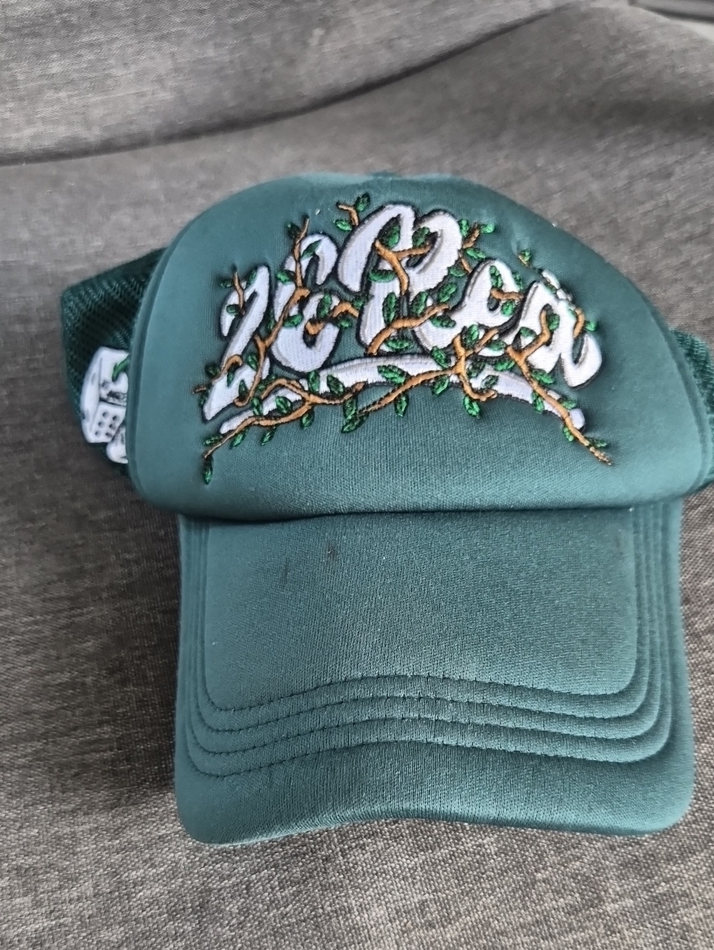 Embroidered Forest Green Trucker Hat with Vine Motif